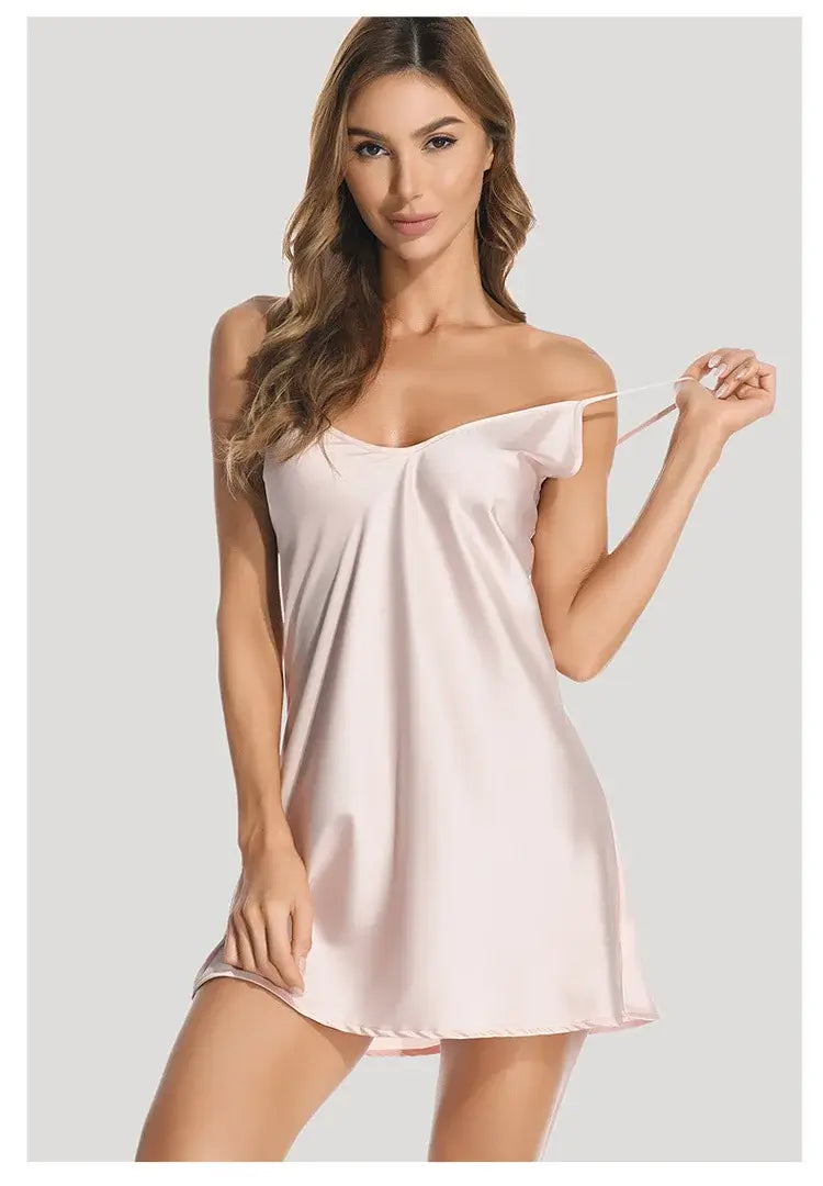 Women Ice Silk Satin Nightdress Sexy V-Neck Sleepwear