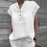 BreezyLuxe™ Cotton Linen V-Neck Blouse in white, featuring buttons and a casual fit, perfect for summer wear.