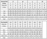 Sizing chart for US, UK, and European standard and plus sizes including bust, waist, hips, and height measurements.