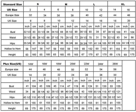 Sizing chart for US, UK, and European standard and plus sizes including bust, waist, hips, and height measurements.
