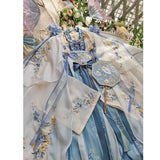 Elegant women's fairy Hanfu costume in blue hues with floral embroidery and matching fan, perfect for summer parties.