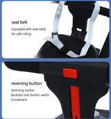 Close-up of light foldable baby stroller seat belt and reversing button for safe and convenient use.