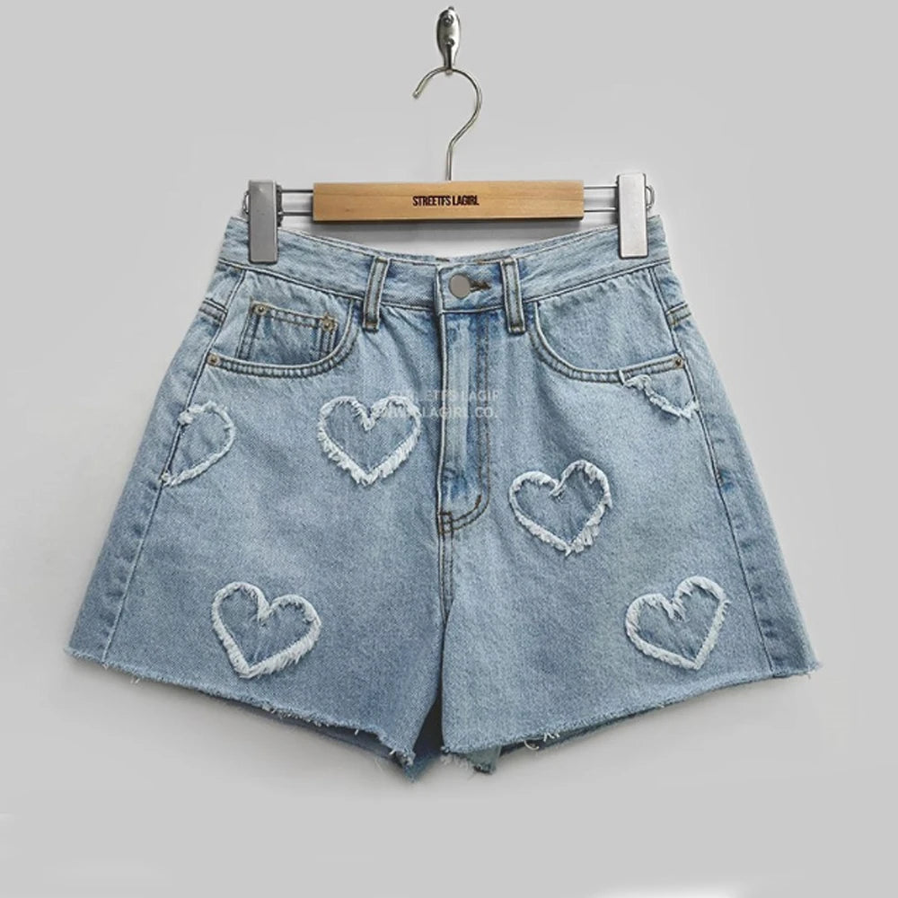 HeartJorts™ – Y2K High Waist Jorts (LOVE Heart Pattern, Chic & Washed)