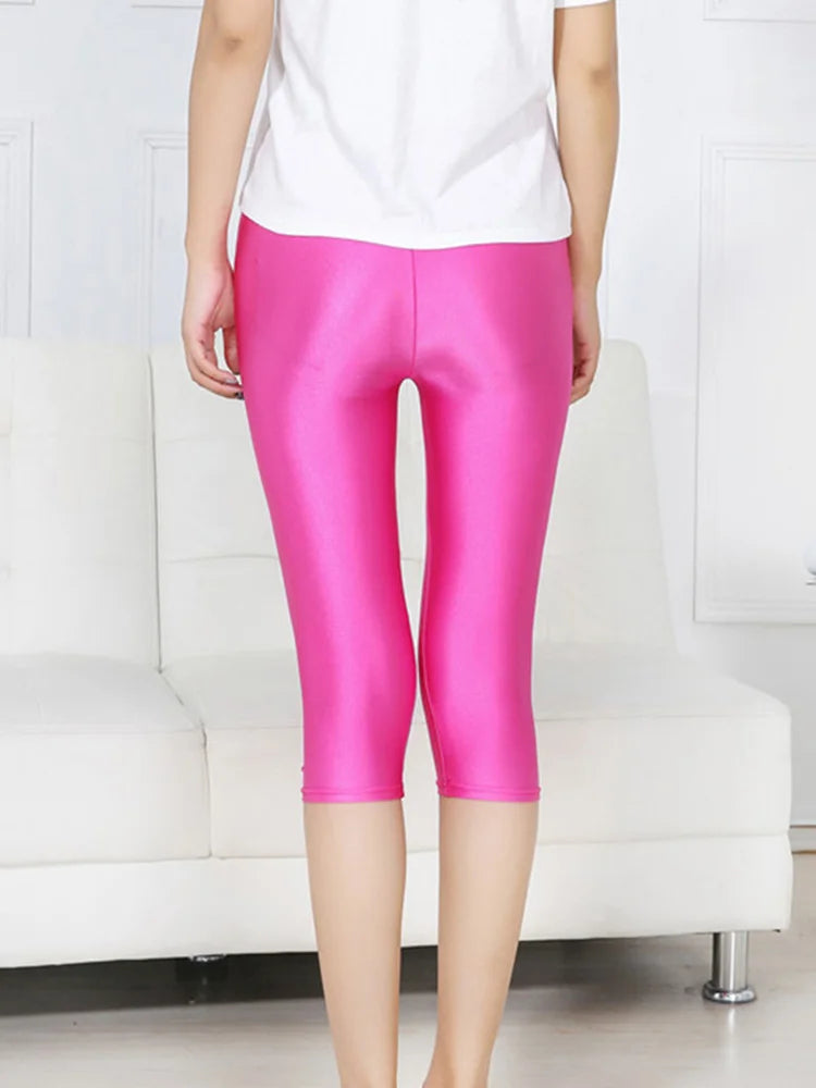 Women Shiny Neon Spandex Capri Leggings
