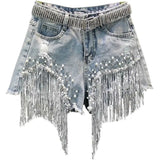 GlamBeads™ – Beaded Sequin Denim Shorts (Fringed, Broken Copper Style)
