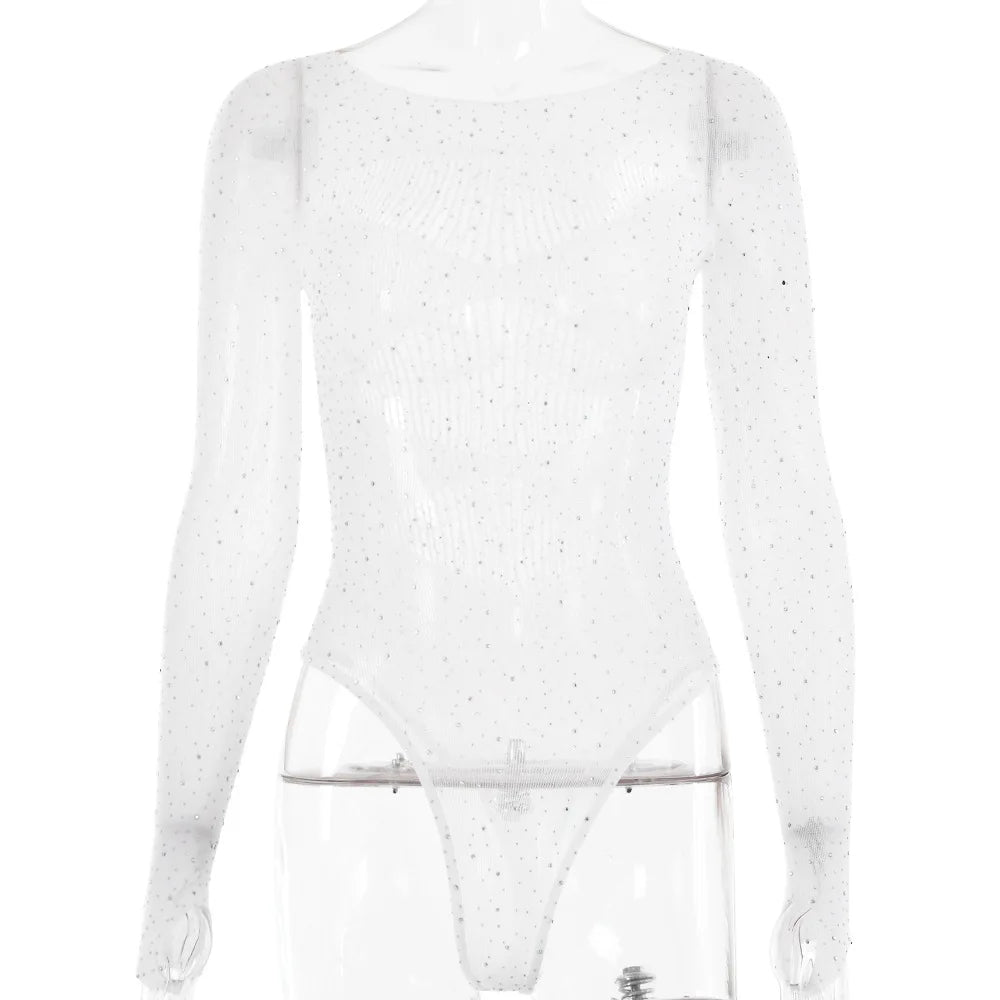 Women's Knitted Rhinestone Long Sleeve Bodysuit – Sexy Y2K Outfit