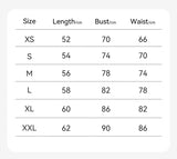Size chart for Bralux™ built-in bra camisole, including XS to XXL measurements for length, bust, and waist.