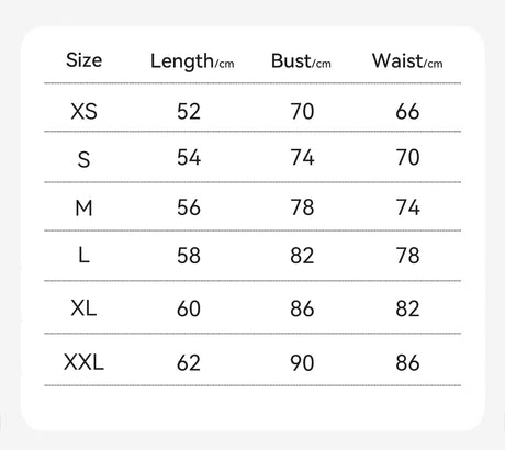 Size chart for Bralux™ built-in bra camisole, including XS to XXL measurements for length, bust, and waist.