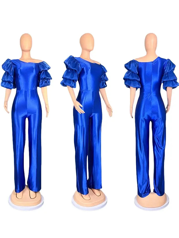 Women Satin Puff Sleeve Party Jumpsuit