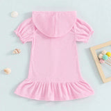 Toddler girls short sleeve hooded dress in pink with ruffled hem, perfect for ages 1-3Y, made from soft polyester.