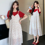 Floral two-piece maternity skirt with contrasting colors, featuring a boat neck and A-line silhouette, perfect for summer.