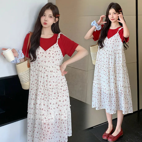 Floral two-piece maternity skirt with contrasting colors, featuring a boat neck and A-line silhouette, perfect for summer.