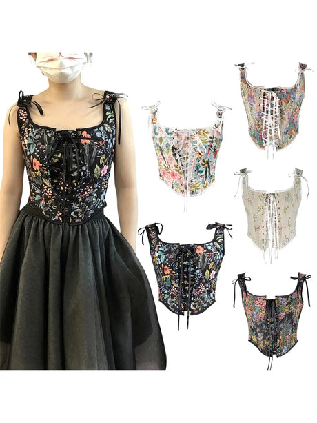 Retro corset cropped camisole party top with floral patterns, featuring lace-up design and elegant summer style.