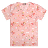 Women's pink hospital nurse scrubs featuring fairy and tooth designs, breathable cotton medical uniform.