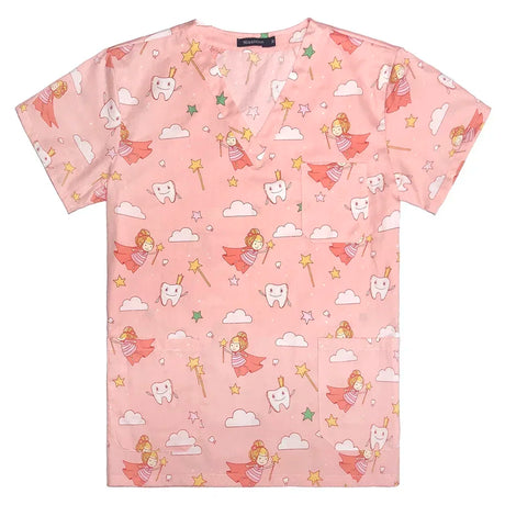Women's pink hospital nurse scrubs featuring fairy and tooth designs, breathable cotton medical uniform.