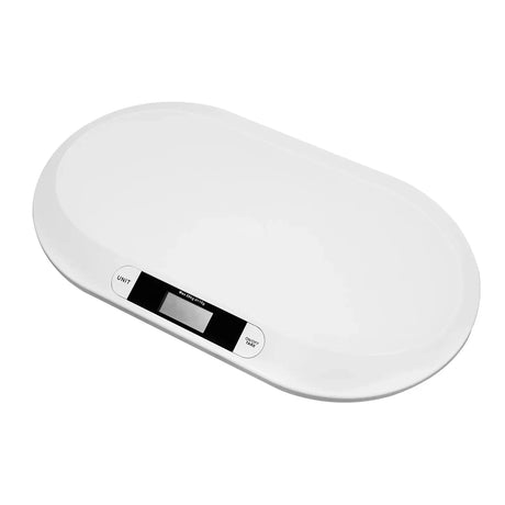 Ergonomic digital baby scale with a sleek white design and LCD display for accurate weight measurements.