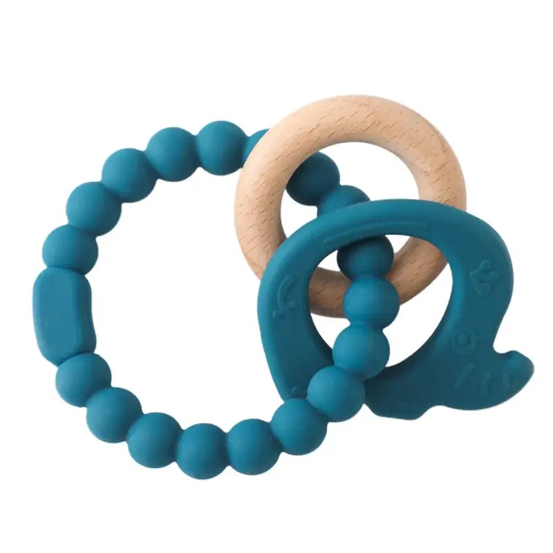 Teal silicone baby teether set featuring an elephant shape and wooden ring, safe for infants, BPA-free.