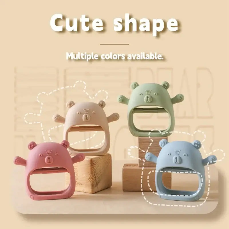 Colorful baby teether gloves in cute animal shapes, available in pink, green, and blue for toddlers.