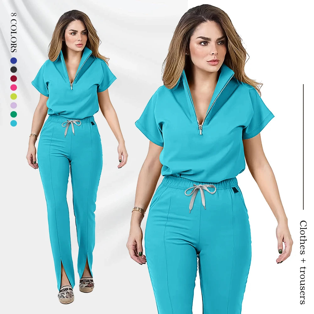 Women's medical scrub set featuring a zipper top and pants, available in multiple colors for healthcare settings.