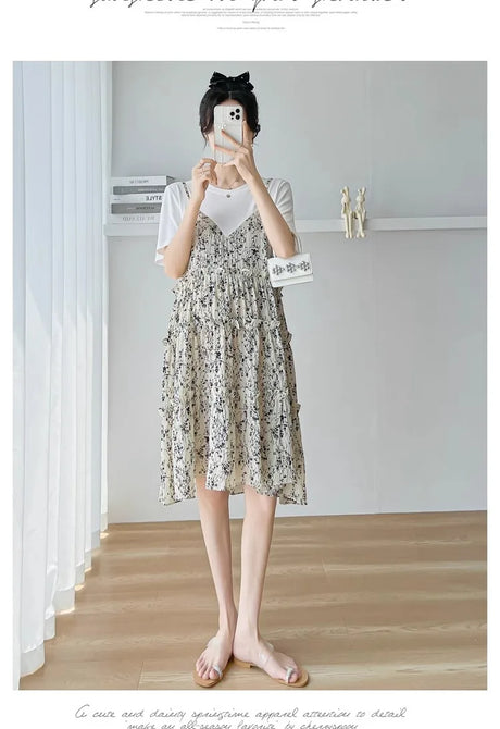 Elegant mesh floral maternity dress perfect for baby showers, featuring a knee-length silhouette and natural color.