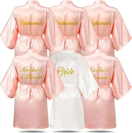 6-piece bridesmaid robe set in pink and white with gold lettering for bridal party, including Mother of the Bride and Groom.