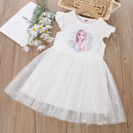 Girls summer princess dress featuring a cartoon character design, knee-length white mesh skirt with ruffled sleeves.