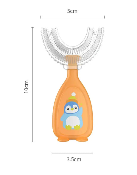 Baby toothbrush in orange with a cute penguin design and U-shape brush head for effective cleaning.