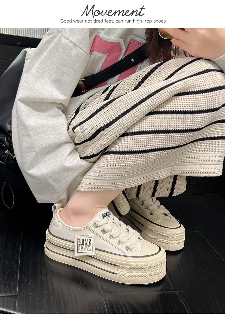 Women Canvas Shoes Black White Platform Sneakers