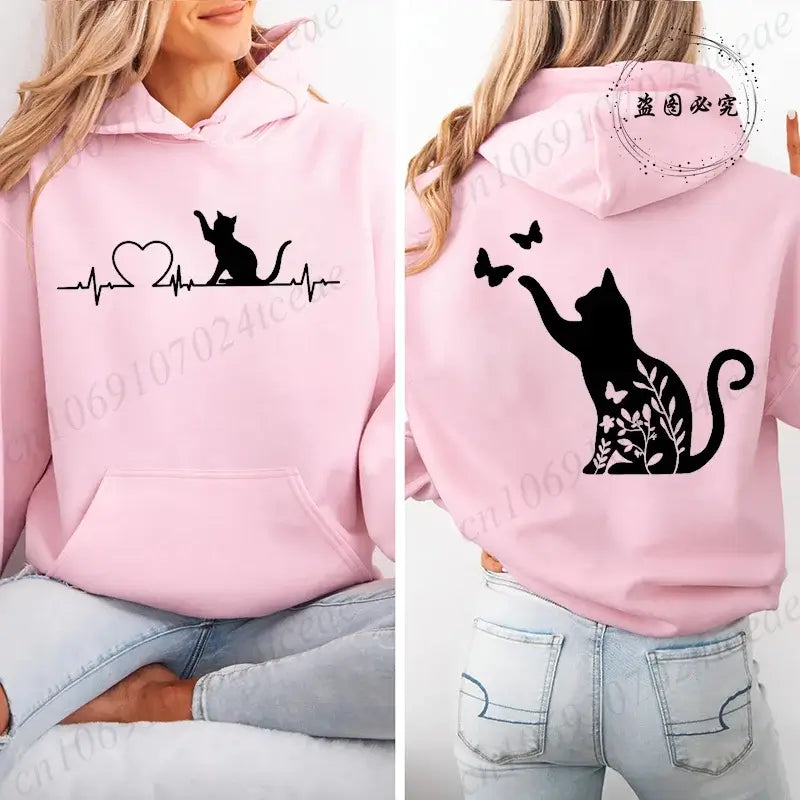 Women Cat Heartbeat Print Hoodie Streetwear Pullover