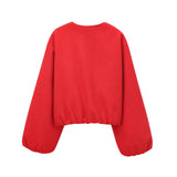 Women Red Zipper Cropped Bomber Jacket