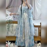 Vintage Blue Hanfu Cosplay Dress 3-piece set, featuring a flowing design with elegant details, perfect for summer parties.