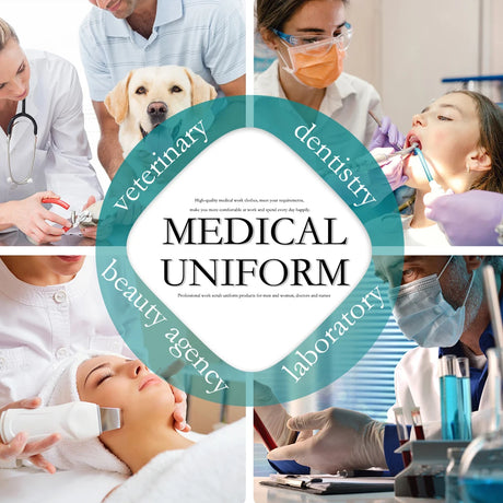Collage of professionals in medical uniforms, featuring veterinary, dentistry, beauty, and laboratory settings.