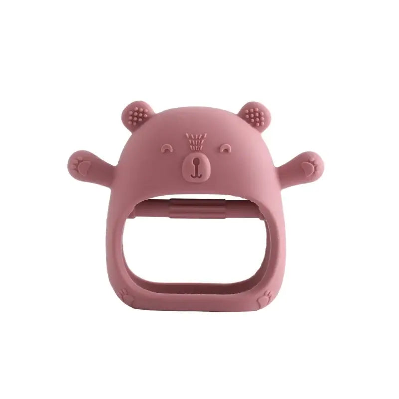 Pink silicone baby teether glove shaped like a bear, soft and non-toxic for soothing teething infants.