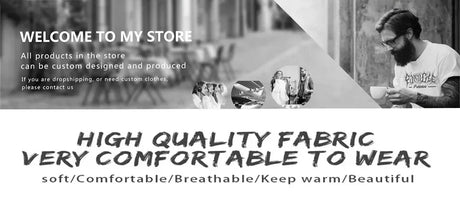 Welcome banner showcasing high-quality, comfortable fabric clothing, highlighting custom design options for shoppers.