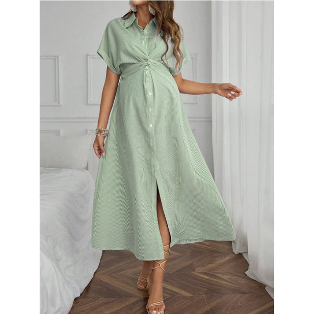 Women’s striped short sleeve maternity shirt dress in green, featuring a flattering A-line silhouette for casual wear.