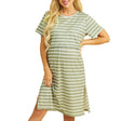 Striped maternity dress with short sleeves, knee-length, and boat neck style in natural color, ideal for summer wear.