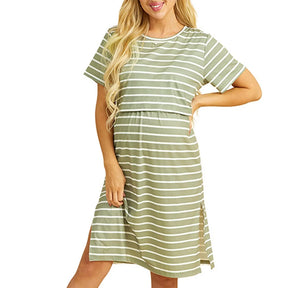 Striped maternity dress with short sleeves, knee-length, and boat neck style in natural color, ideal for summer wear.