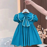 Cute blue summer dress for baby girls with puff sleeves and Peter Pan collar, perfect for ages 4-6.