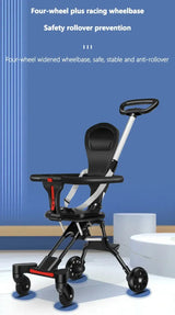 Light foldable baby stroller featuring a four-wheel racing wheelbase for safety and stability.