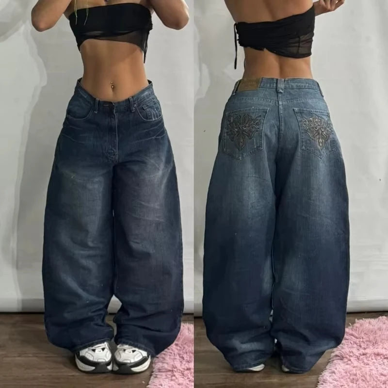 Y2K Multi-Pocket Washed Wide Leg Jeans for Women