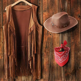 Cowboy costume set featuring a brown tassel vest, cowboy hat, and red bandana on a rustic wooden background.
