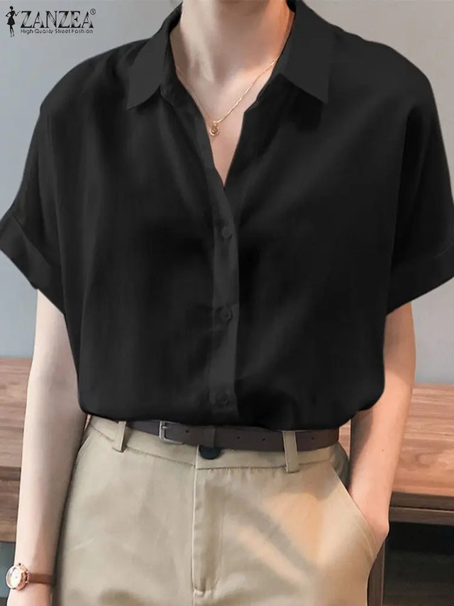 ZanzeaEase™ oversized summer blouse in black, button-down, relaxed fit with turn-down collar and broadcloth fabric.