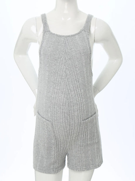 Gray sleeveless ribbed maternity jumpsuit showcasing a relaxed fit and pockets, ideal for summer casual wear.