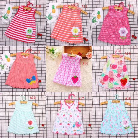 Colorful cotton sleeveless dresses for newborn baby girls, featuring floral patterns and summer styles.
