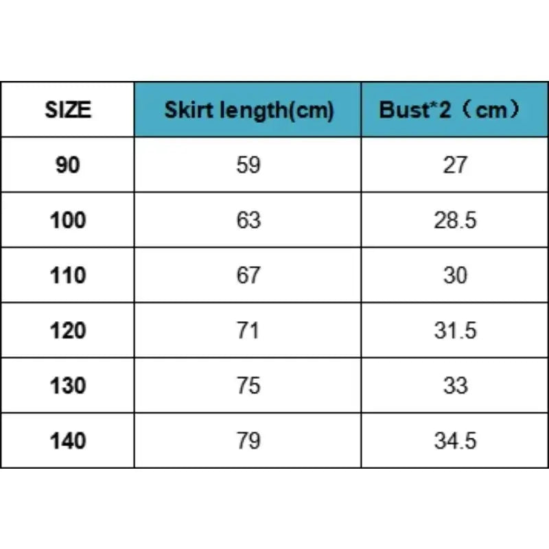 Size chart for Girls Summer Flying Sleeve Dress, showing skirt length and bust measurements for kids aged 4-6 years.