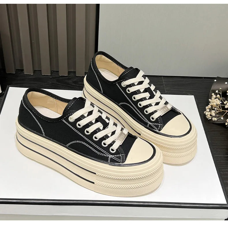 Women Canvas Shoes Black White Platform Sneakers