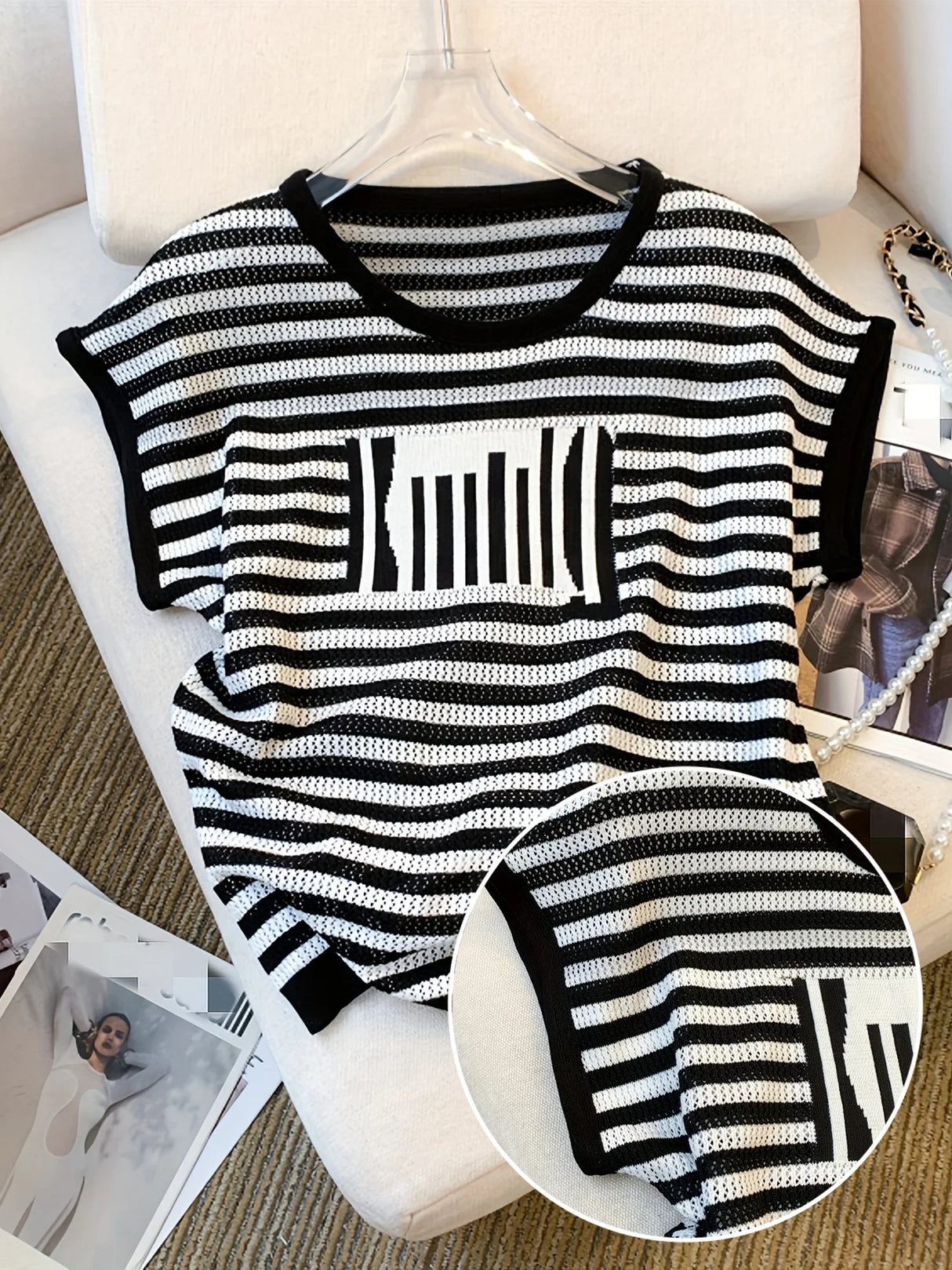 Women's Striped O-Neck Crop Sweater