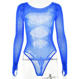 Women's Knitted Rhinestone Long Sleeve Bodysuit – Sexy Y2K Outfit