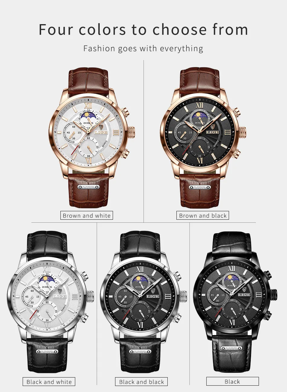 LIGE Men’s Leather Quartz Sports Watch