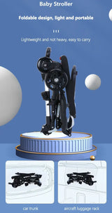 Light foldable baby stroller showcased with a portable design, easy to carry, perfect for travel and storage.